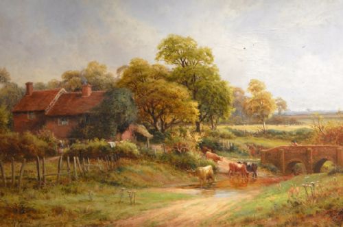 fig 1. Beautiful Large 19th Century Oil on Canvas of Cattle near a River. By Robert J Hammond