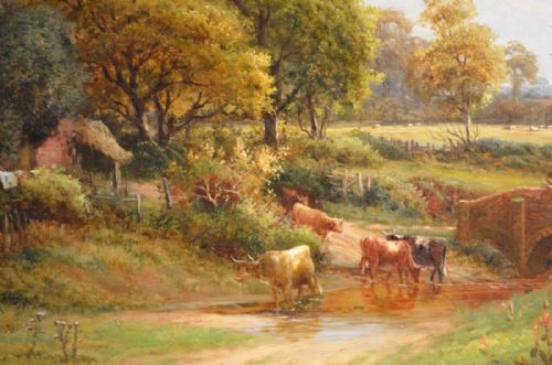 fig 2. Beautiful Large 19th Century Oil on Canvas of Cattle near a River. By Robert J Hammond