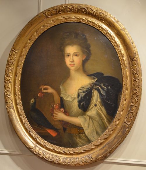 18th Century English School Oval Portrait of a Young Lady and a Parrot