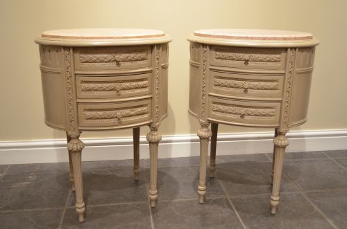 Beautiful Pair French Painted Oval Bedside Cabinets with Marble Tops