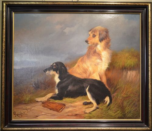 Beautiful Oil on Canvas of Two Waiting Dogs by Colin Graeme Roe Dated 1902