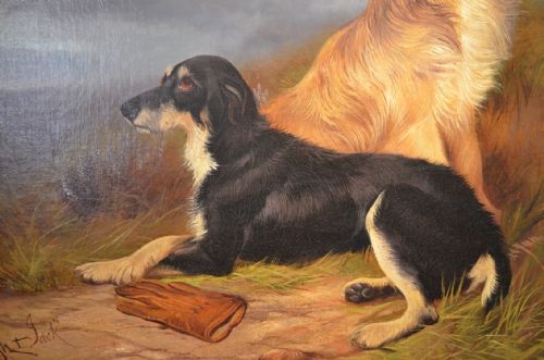 fig 1. Beautiful Oil on canvas of Two Waiting Dogs by Colin Graeme Roe dated 1902