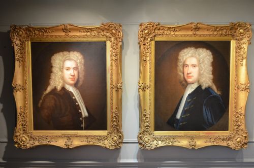 Pair of Early 18th Century Oil Portrait Paintings in Original Gilt Carved Frames.