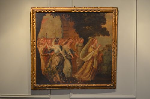 Early Mid 17th Century  Italian Oil of Musical Procession. Original Carved Frame