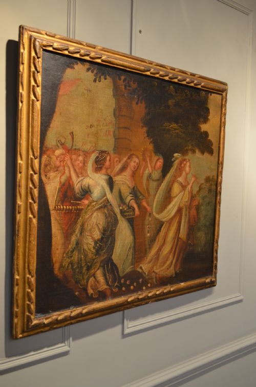 fig 1. Early Mid 17th Century  Italian Oil of Musical Procession. Original carved frame
