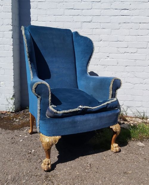 19th Century Walnut and Gilded Cabriole Leg Wing Armchair.