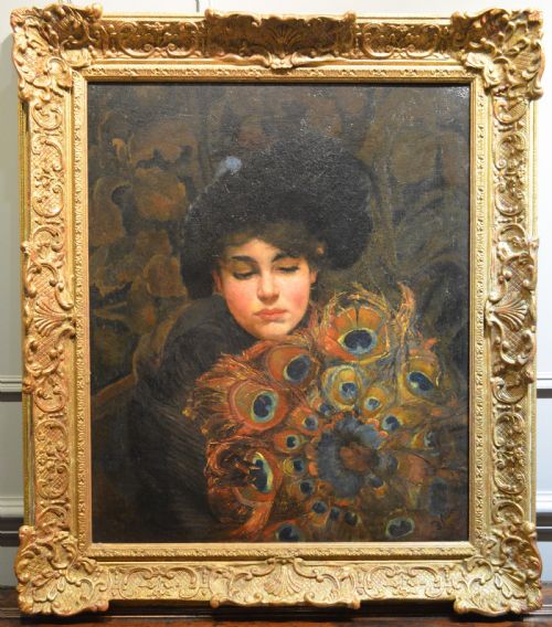 Beautiful 19th Century Oil Portrait of a Parisian Lady with Peacock Feather Fan