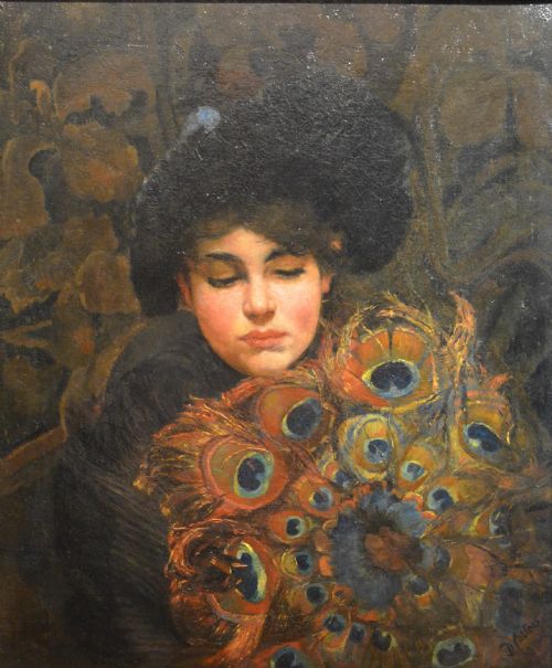 fig 1. Beautiful 19th Century Oil portrait of a Parisian Lady with Peacock feather fan