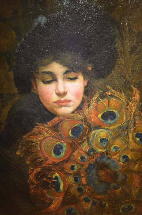 fig 2. Beautiful 19th Century Oil portrait of a Parisian Lady with Peacock feather fan