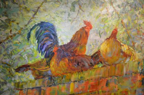 fig 1. Jeffrey Pratt Painting - Chickens on a Red Brick wall