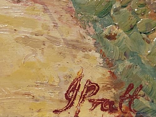 fig 1. A framed impressionist landscape oil painting depicting a rural church, surrounding village buildings, lavender fields, and a dirt path.