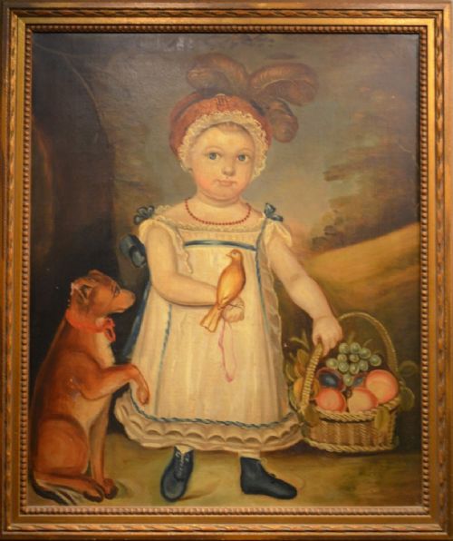 Naive Oil Painting of Girl and Her Pets.