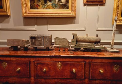 Early 20th Century Folk Art Wooden Steam Train and Carriages with Signal Rare