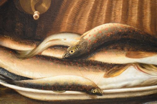 BEAUTIFUL 19THC OIL ON CANVAS OF CAT WITH FISH ATTRIBUTED TO HORATIO HENRY COULDERY - ADDITIONAL PHOTO 1