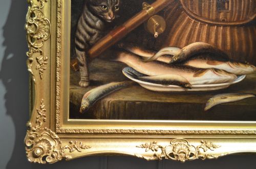 BEAUTIFUL 19THC OIL ON CANVAS OF CAT WITH FISH ATTRIBUTED TO HORATIO HENRY COULDERY - ADDITIONAL PHOTO 8