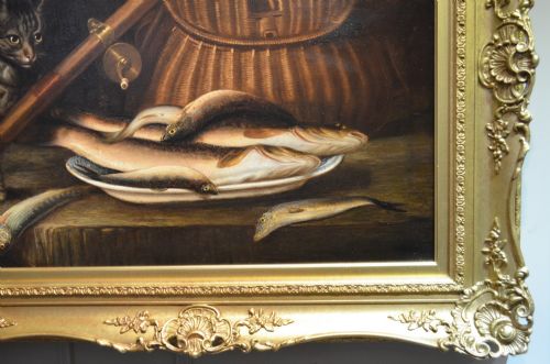BEAUTIFUL 19THC OIL ON CANVAS OF CAT WITH FISH ATTRIBUTED TO HORATIO HENRY COULDERY - ADDITIONAL PHOTO 27