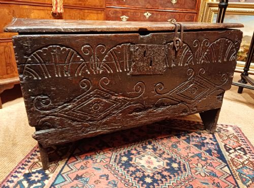 fig 1. Beautiful late 17th Century Oak six plank Coffer of small proportions