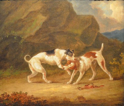 fig 2. An 19th-century oil painting depicting two sporting dogs in an outdoor landscape, enclosed within a heavy carved gilded frame.