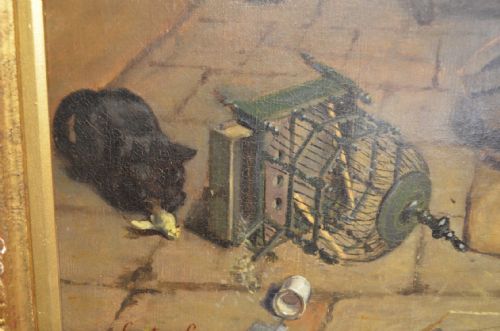 fig 1. A 19th-century framed oil painting depicting a rustic cottage interior with a cockerel on a wooden table, vegetables on flagstone flooring, and light streaming through an open window.