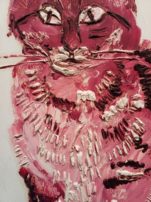 fig 3. An impasto oil painting on board depicting a red patterned cat sitting upright, housed in a simple light wood frame.