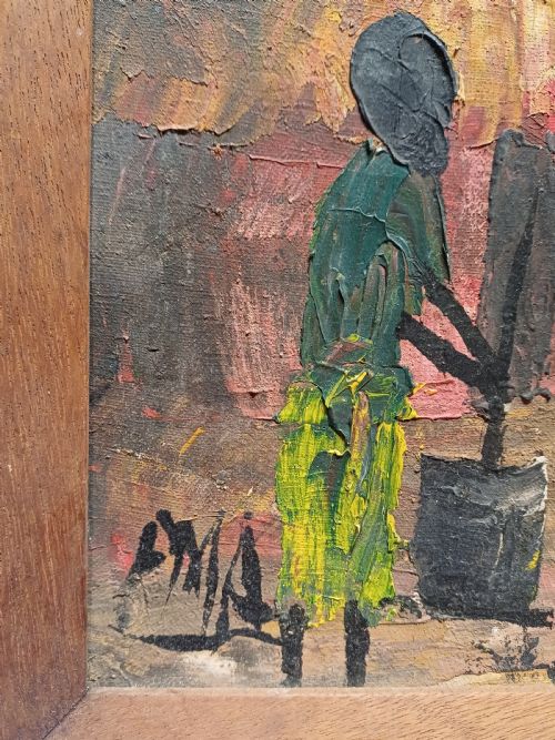 fig 1. An oil painting on canvas depicting a bustling African village scene with thatched huts and palm trees, presented in a simple wooden frame.