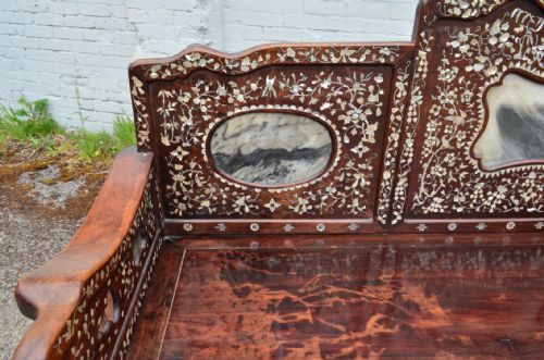 fig 1. Early 20th-century Chinese export hardwood bench featuring intricate mother-of-pearl floral inlays and three inset grey marble back panels.