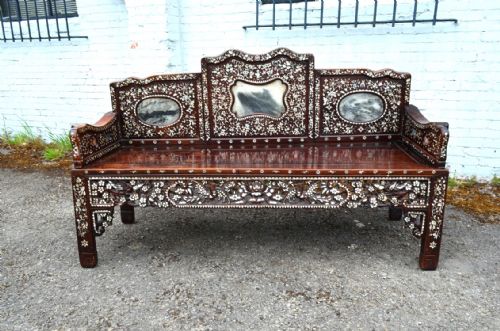 Unusual Early 20th Century Large Chinese Export Bench Inlaid with Mother of Pearl