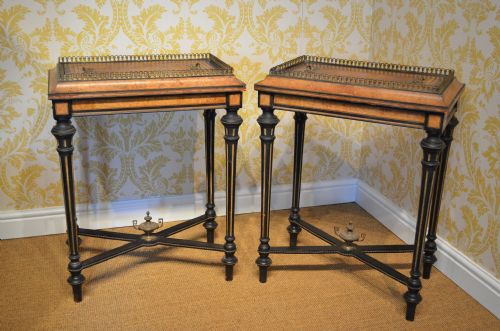 BEAUTIFUL PAIR OF WALNUT AND EBONISED JARDINIERES