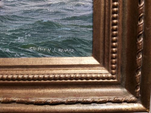 fig 1. A gilt-framed oil painting depicting classic racing yachts sailing through choppy blue seas under a cloudy sky.