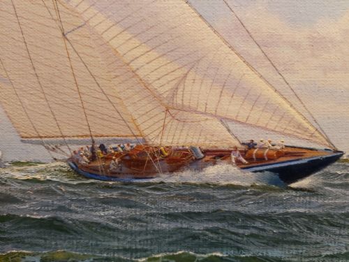 fig 2. A gilt-framed oil painting depicting classic racing yachts sailing through choppy blue seas under a cloudy sky.