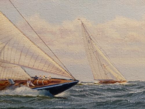 fig 3. A gilt-framed oil painting depicting classic racing yachts sailing through choppy blue seas under a cloudy sky.