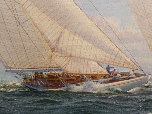 fig 4. A gilt-framed oil painting depicting classic racing yachts sailing through choppy blue seas under a cloudy sky.