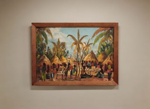 Oil on canvas of an African Village Scene - indistinctly signed DMA