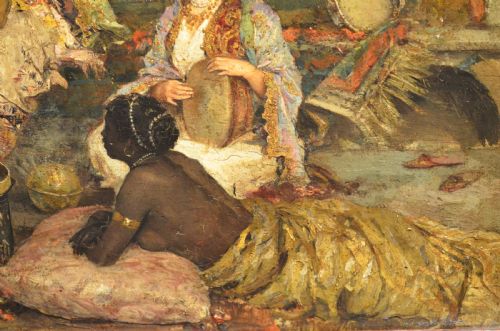 fig 1. A framed 19th-century Orientalist oil painting on board featuring figures playing music and resting in a detailed interior scene.