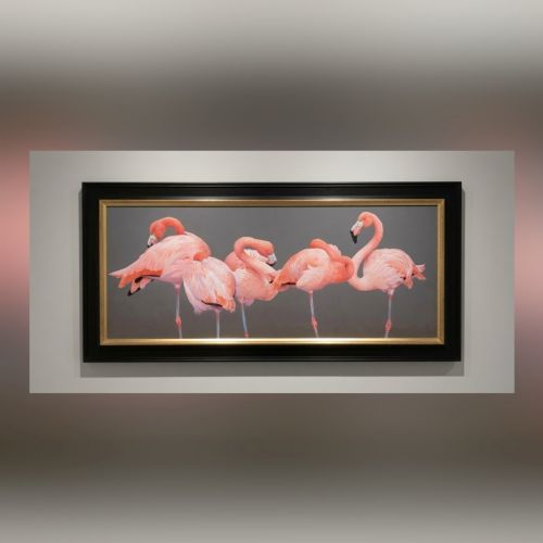 fig 1. A wide panoramic oil painting on board depicting five pink flamingos in detailed poses against a grey background, encased in a black and gilt wooden frame.