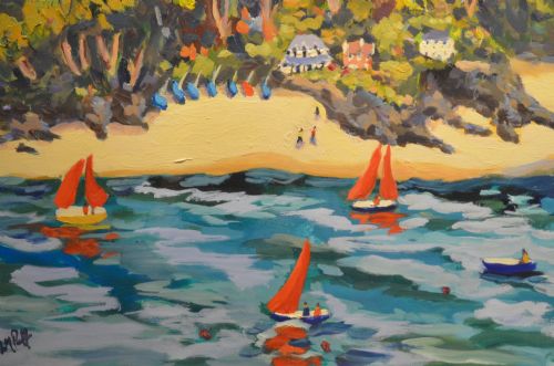 fig 1. A framed oil painting on canvas depicting boats with red sails on blue water before a sandy shore and green hills.