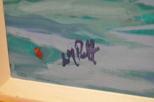 fig 3. A framed oil painting on canvas depicting boats with red sails on blue water before a sandy shore and green hills.