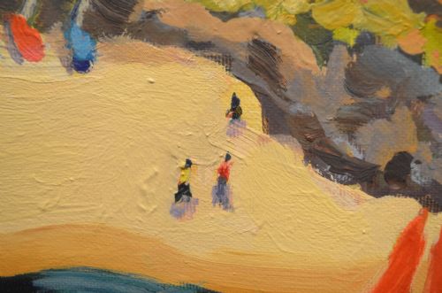 fig 4. A framed oil painting on canvas depicting boats with red sails on blue water before a sandy shore and green hills.