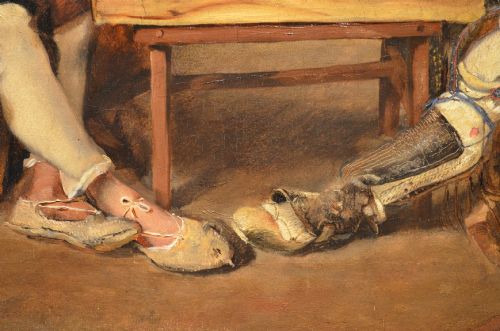 fig 3. A framed 19th-century oil painting on canvas depicting two men in traditional Spanish attire playing cards at a wooden table beneath a vine-covered trellis.