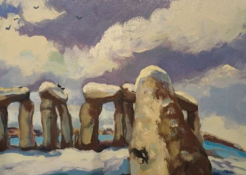 fig 2. A framed original oil painting depicting the Heel Stone and Stonehenge covered in snow under a cloudy sky with two crows in the foreground.