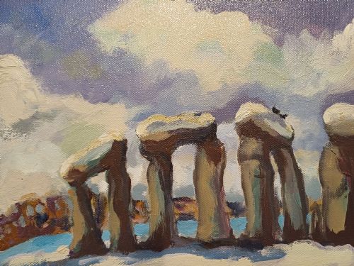 fig 5. A framed original oil painting depicting the Heel Stone and Stonehenge covered in snow under a cloudy sky with two crows in the foreground.