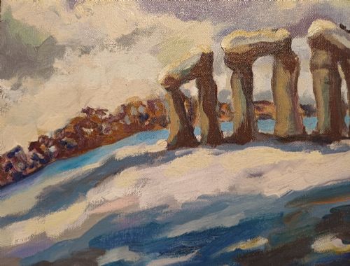 fig 6. A framed original oil painting depicting the Heel Stone and Stonehenge covered in snow under a cloudy sky with two crows in the foreground.