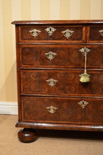 fig 1. An antique William and Mary period walnut chest of drawers featuring geometric oyster veneer patterns, brass teardrop handles, keyhole escutcheons, and turned bun feet.
