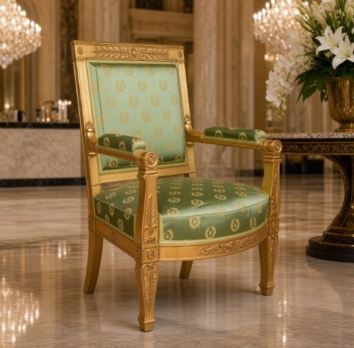 fig 1. A French Restauration giltwood armchair with green and gold pattern silk upholstery, padded arms, and carved leaf detailing.