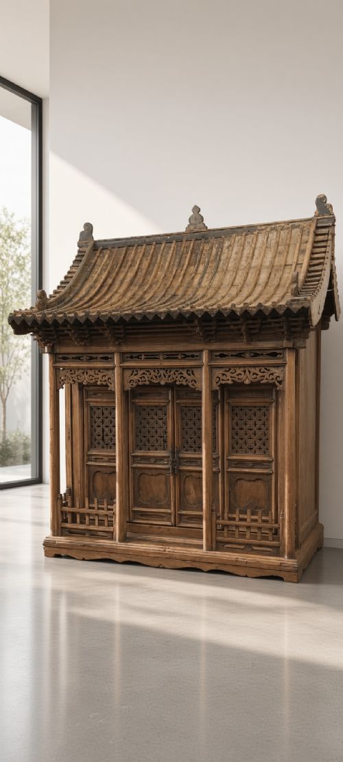 An intricate carved wooden Chinese shrine featuring a tiled hip roof, lattice doors, and decorative pierced spandrels in natural aged timber.