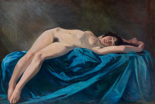 fig 1. An oil painting on canvas depicting a reclining female nude figure resting upon draped vibrant blue cloth set within a moulded gilt frame.
