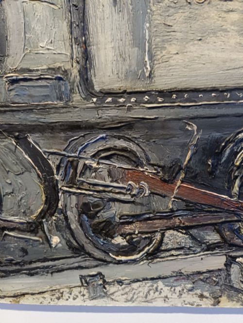 fig 3. An original oil painting on board depicting a dark grey and red side tank steam locomotive sitting on railway tracks, presented in a light wooden frame with a wide mount.