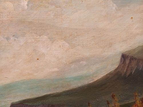 fig 4. A framed oil painting on canvas depicting a red chequer racing pigeon in profile against a countryside landscape with handwritten race inscriptions.