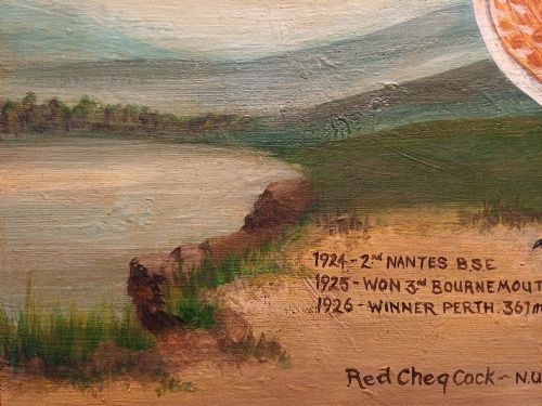 fig 6. A framed oil painting on canvas depicting a red chequer racing pigeon in profile against a countryside landscape with handwritten race inscriptions.