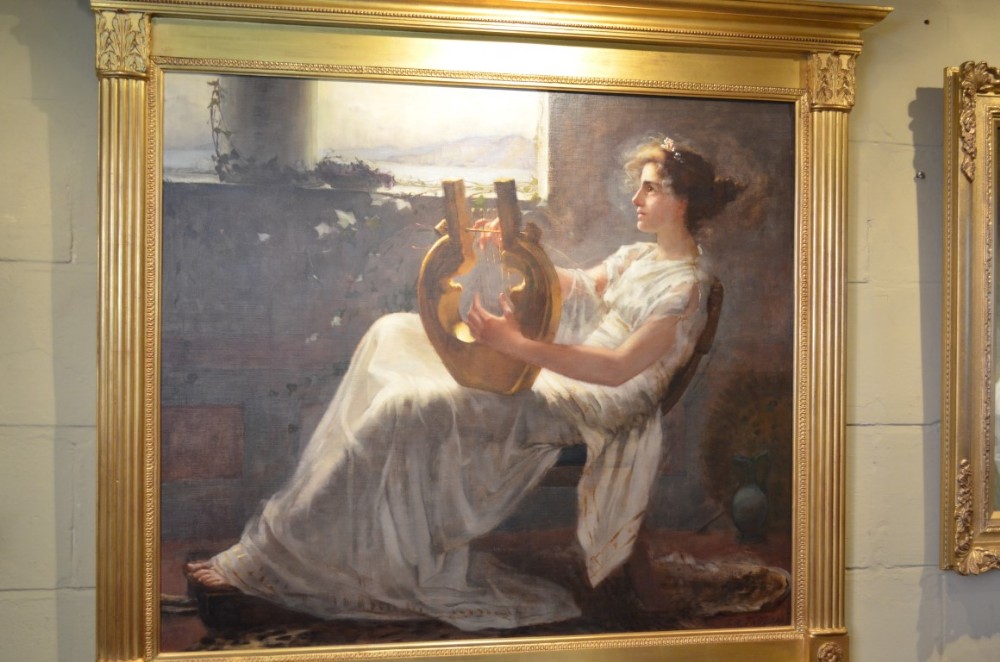 Beautiful Late 19th Century Oil on canvas of a lady playing a lyre signed I.R.Tayler